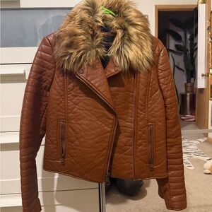 Marc New York Tan Leather Jacket with Faux Fur Collar